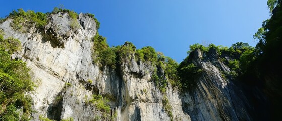 Scenic view of towering limestone cliffs against a clear blue sky with lush vegetation at the base...