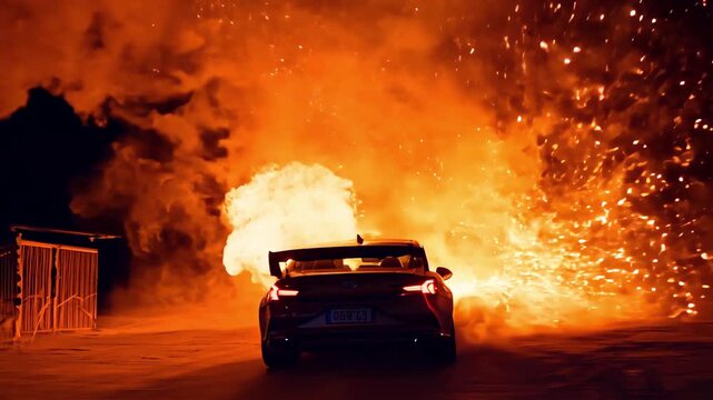 Rear view of car during powerful explosion with smoke and flames at night