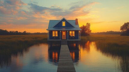 Fototapeta premium Lakefront Cottage at Sunset