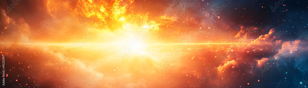 Wall mural a bright yellow sun is shining in the sky, surrounded by clouds. the sky is filled with stars and th
