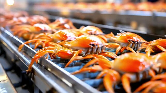 Industrial food production plant with automated line for sorting and packaging freshly caught crabs