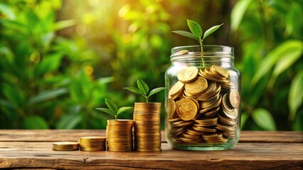 Golden coins stacking up in a clear glass jar on a rustic wooden table surrounded by lush greenery, symbolizing growth and financial security.