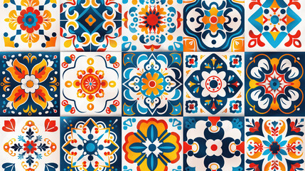 Assorted colorful ceramic tiles featuring vibrant and intricate traditional patterns. Each tile showcases a unique design, ideal for adding a lively and cultural touch to decor.