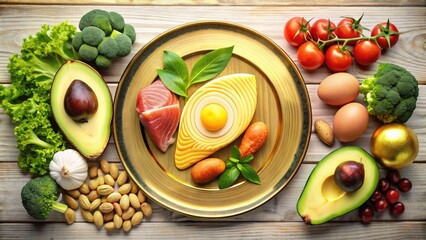 Golden ketogenic diet symbol on a plate surrounded by healthy fats, lean proteins, and low-carb vegetables, representing a balanced and nutritious meal plan.
