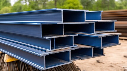 Fototapeta premium Steel I-beams in vibrant blue finish and rebar are arranged on the ground, showcasing materials for upcoming construction work at a busy site