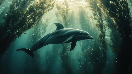 Obraz premium dreamlike underwater scene with baby dolphin silhouette overlaid on bioluminescent seaweed soft focus and ethereal lighting create a magical marine atmosphere