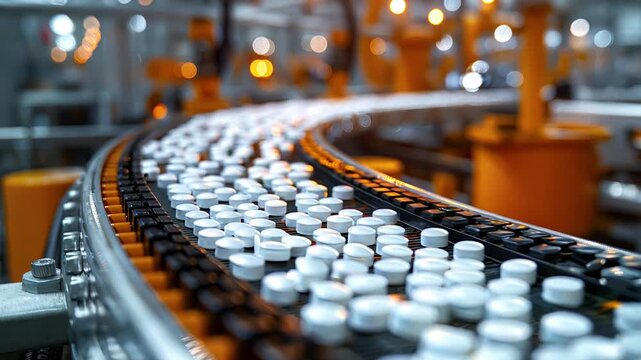 Automated Robotic Pharmaceutical production Line with white tablets on conveyor