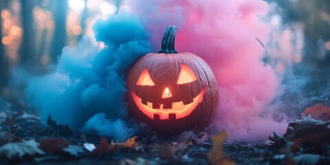 Fototapeta premium A Halloween pumpkin with a candle shining from it is surrounded by vibrant pink and blue smoke.
