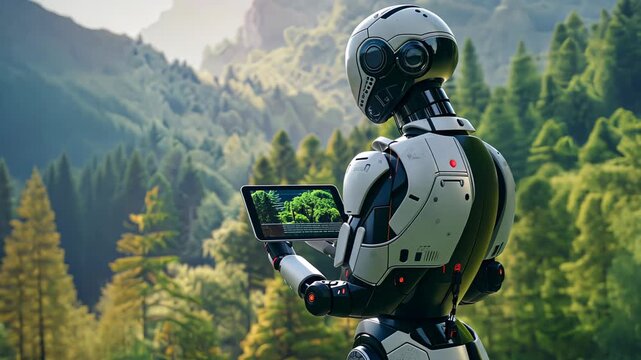 Exploring nature with technology as a humanoid robot interacts with a tablet surrounded by lush green woods