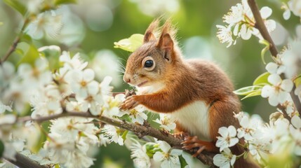 Fototapeta premium A playful squirrel enjoys a snack among blooming white flowers in a vibrant spring garden