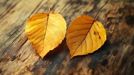 Two yellow autumn leaves on wooden surface