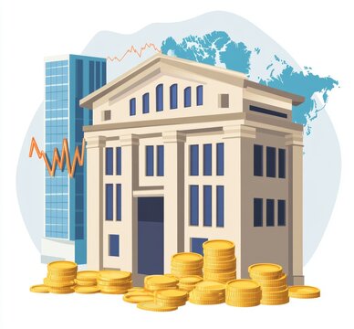 Illustration of a bank building with stacked coins and financial graph backdrop