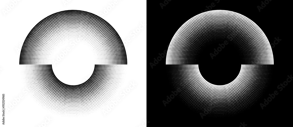 Poster Halftone semicircles as icon or background. Abstract vector with dots as logo or sun concept. Black shape on a white background and the same white shape on the black side.