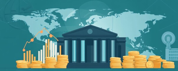 Illustration of a bank building with world map, coins, and financial graph