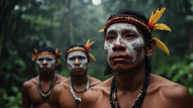 Indigenous Men in Traditional Dress in the Rainforest