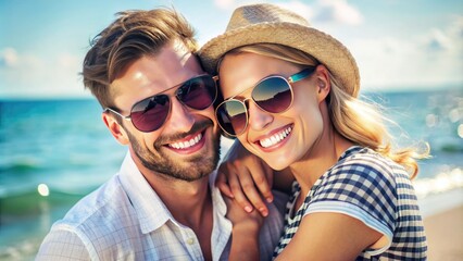 Happy pair embracing, both wearing trendy shades, smiling brightly as they bask in the warm sunlight on a romantic summer getaway.