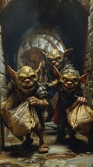 Three goblins sneak away with treasure bags, grinning mischievously in a dimly lit underground vault