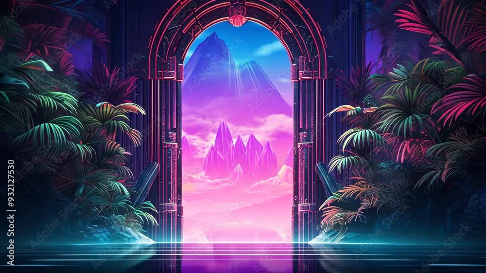 Poster mysterious door or portal with neon light in the jungle in synthwave style