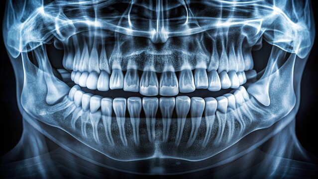 High-contrast X-ray image of a human jaw showing perfectly aligned teeth and roots, highlighting dental anatomy for diagnostic and treatment purposes.