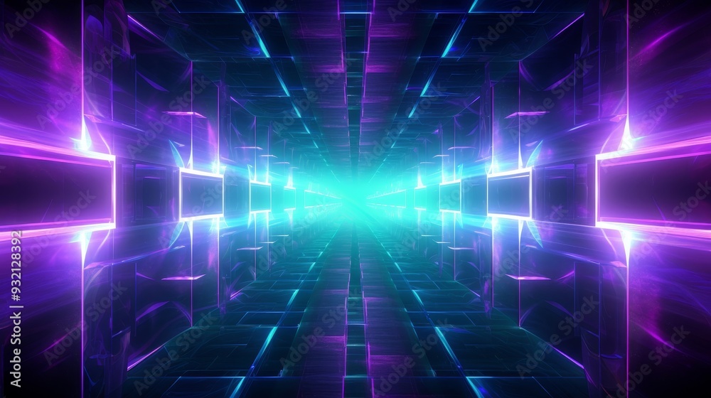 Wall mural abstract glowing neon tunnel - futuristic digital art