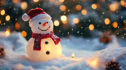 Fototapeta premium Snowman near the Christmas tree, attributes of Christmas