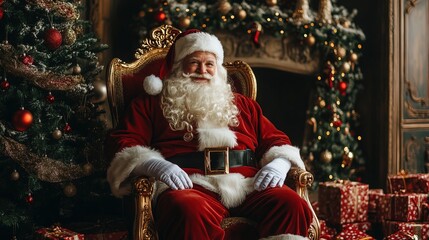 Santa Claus is sitting in a luxurious chair near the Christmas tree © Larysa