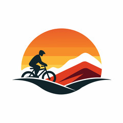 Minimalist Vector Design Lone Biker on Mountain Trail at Sunset Art vector illustration