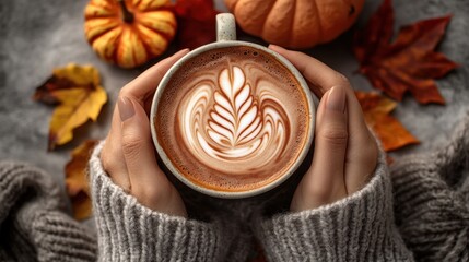 Pumpkin latte in hand with autumn leaves and pumpkins, cozy fall flat lay