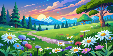Fototapeta premium meadow with flowers and mountains