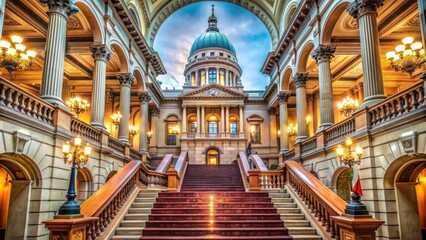 Obraz premium Historic Illinois State Capitol building in Springfield features a grand staircase leading to the Supreme Court chamber with elegant architecture and ornate details.