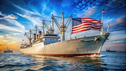 Naklejka premium Historic liberty ship, symbol of American perseverance, majestically sails through calm waters, proudly displaying its patriotic flags and nostalgia-tinged, vintage cargo holds.