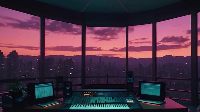 Music Studio with City Skyline Sunset View