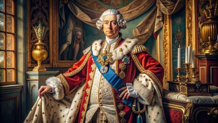 Fototapeta premium Historic portrait of an 18th century European monarch adorned in ornate regalia, sash, and medals, exuding power and grandeur in a lavish setting.