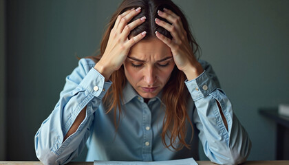 Woman with Distressed Expression Holding Head in Frustration Against Green Background