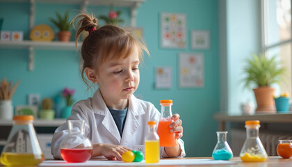 Fototapeta premium Young Scientist with Curious Expression Conducting Colorful Experiments in Vibrant Classroom