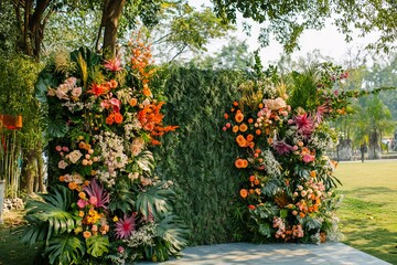 A wedding arch decorated with flowers and greenery in a park