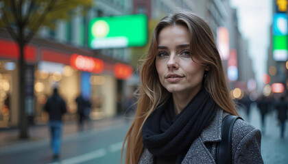 Obraz premium Confident woman with thoughtful expression exploring urban street against city backdrop
