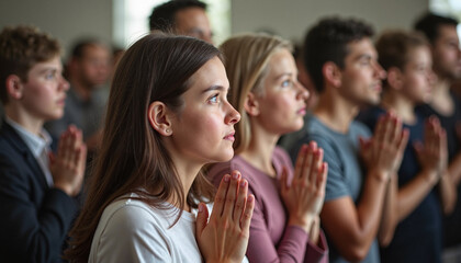 Obraz premium Diverse Group with Reverent Expressions Praying Together in Indoor Setting