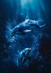 Fototapeta premium A couple of dolphins swimming in the ocean with bubbles