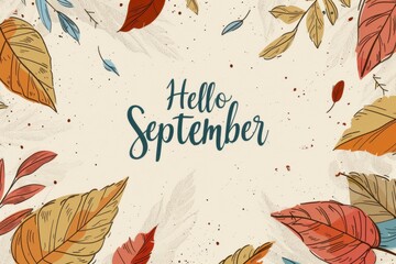 Outlined Autumn Leaves with "Hello September", Illustration, Modern Style in the style of Welcoming the new month of Luxury beige background Generative AI