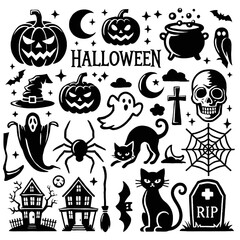 Set of black and white Halloween vector icons, simple, spooky icons