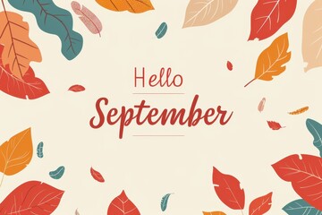 illustration of a seasonal transition, generally called the first day or end of summer and start of autumn, with the text "Hello September" in a simplistic style, against a white background Generative