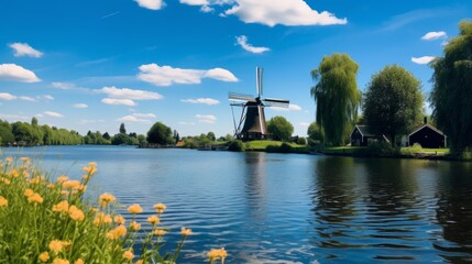 Fototapeta premium Dutch Windmill by the Canal: A Tranquil Landscape