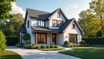 Fototapeta premium Modern farmhouse stylishly nestled amidst lush greenery against blue sky
