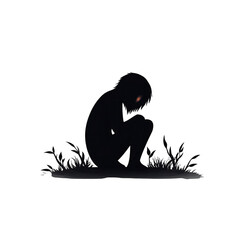 A solitary figure sitting in shadow, evoking feelings of introspection and melancholy in a serene natural setting. transparent background