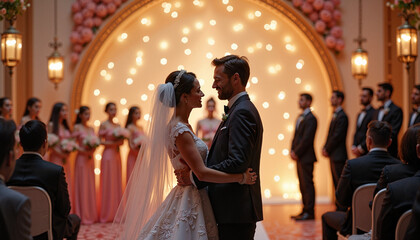 Newlyweds with romantic gaze exchanging vows against illuminated arch backdrop