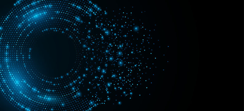 Abstract digital circles of blue glowing dots. Information particles in a neural network. Big data visualization into cyberspace. Futuristic background. Vector illustration.