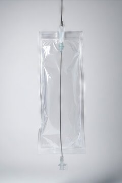 A clear plastic bag with a needle attached to it