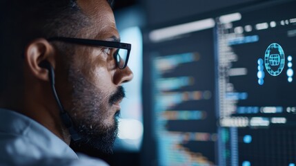 Secure Biometric Data: Man Utilizing Facial Recognition Technology for Enhanced Security