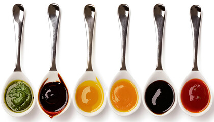 Set of different sauces with spoons isolated on white background